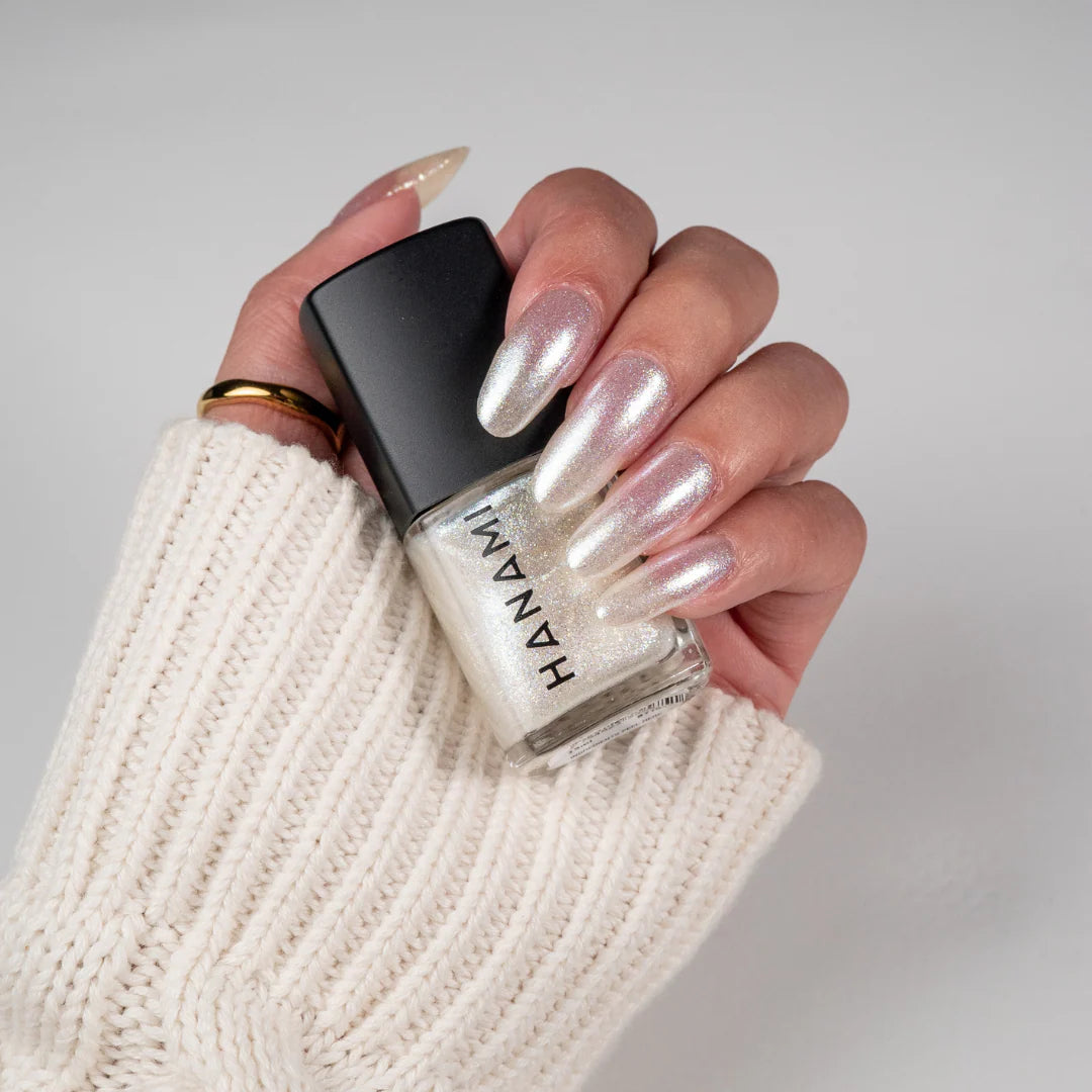 Hanami Nail Polish. Shade Moonshadow - Sheer, very fine iridescent shimmer. Packed with fine or chunky glitter, this dazzling polish adds a bold, multi-dimensional sparkle. Perfect for party-ready nails, statement looks, or adding extra shine to any manicure. Hanami Australian stockist. Shipping only in Australia. Free Shipping for orders over $350. Shop now!