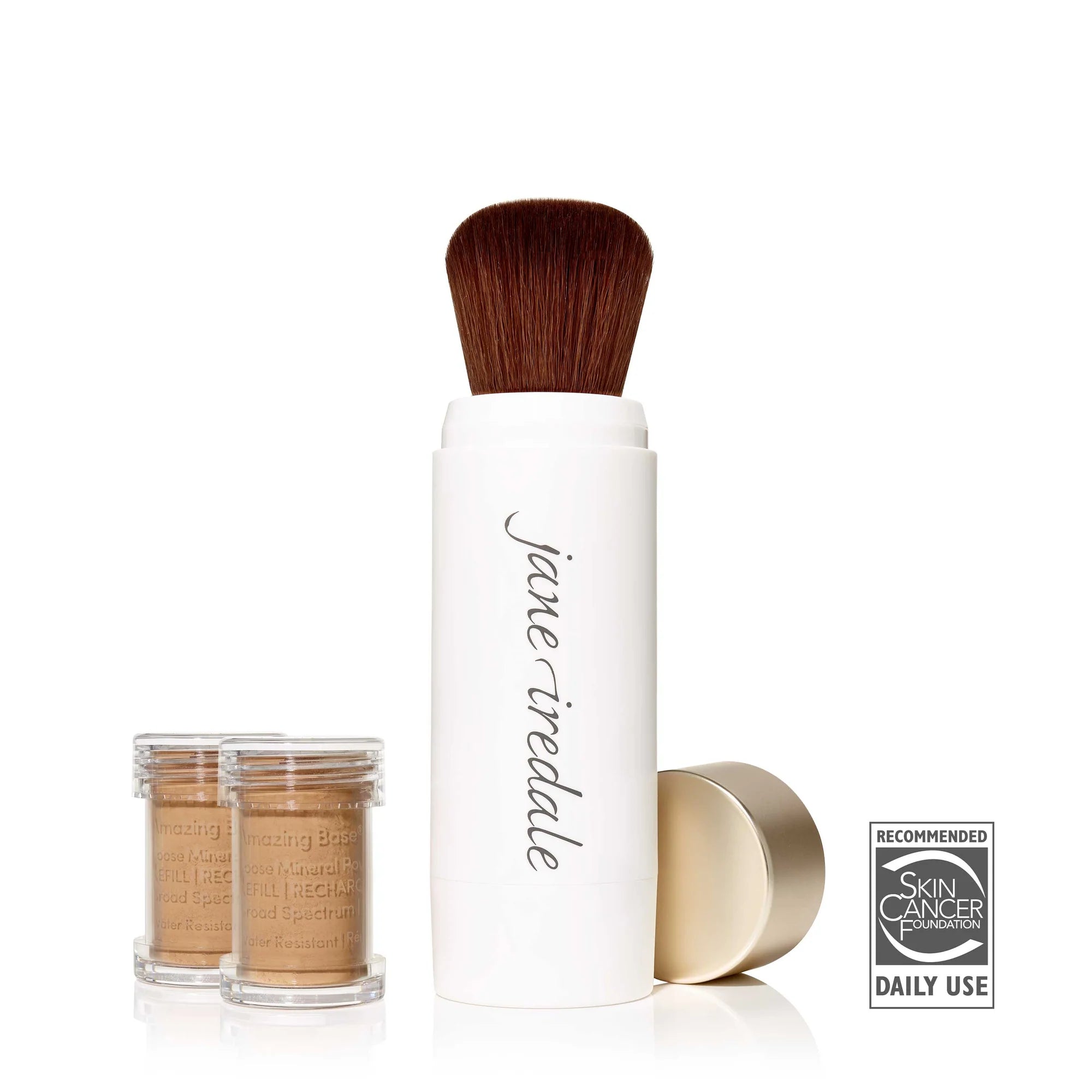 Jane Iredale's Amazing Base® Loose Mineral Powder Refill Brush with two cartridges of loose mineral powder