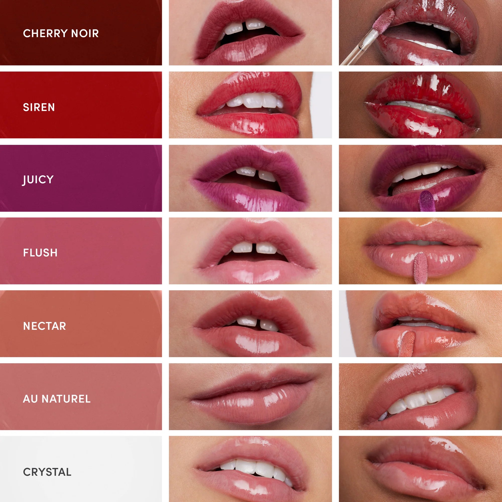 Lip gloss colour swatches on lips with Jane Iredale Colorluxe Lip Glaze shades including 'Cherry Noir', 'Siren', 'Juicy', 'Flush', 'Nectar', 'Au Naturel', and 'Crystal'. Monecious is Jane Iredale's Australian stockist based in Geelong. Shipping all over Australia.
