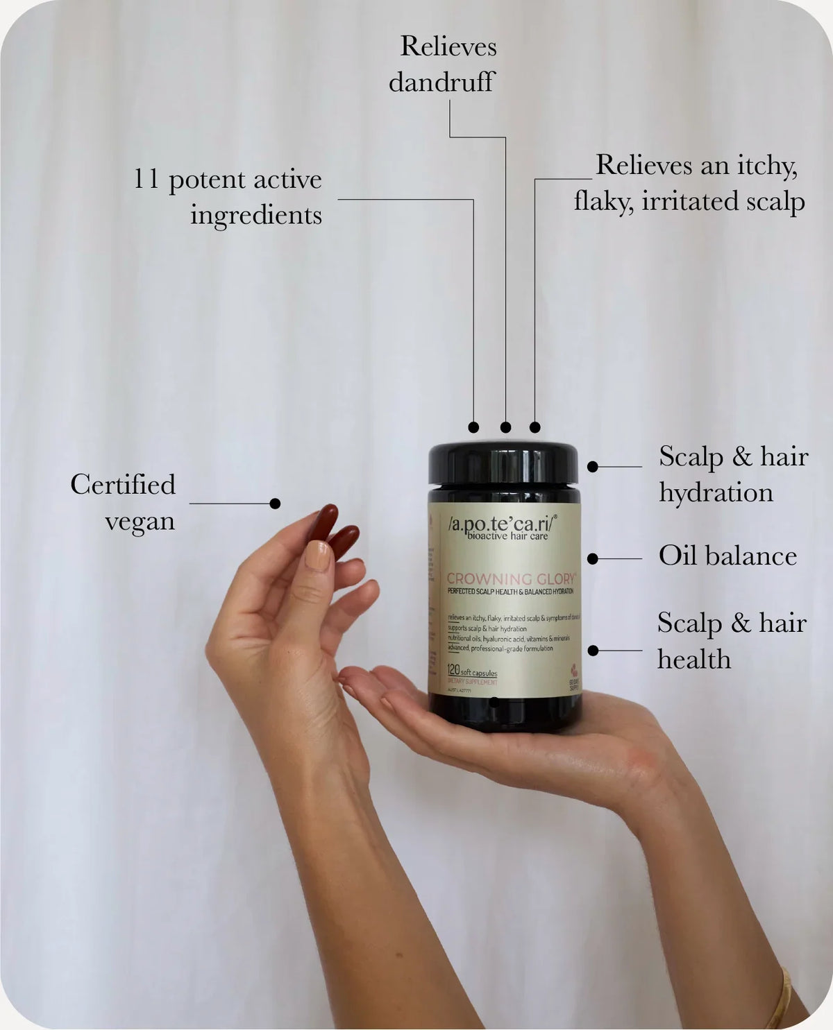 Apotecari's Crowning Glory® is an intensive scalp treatment that supports smoother, healthier hair, corrects oil imbalances, and deeply nourishes the scalp from within to reduce itchiness and flakiness.