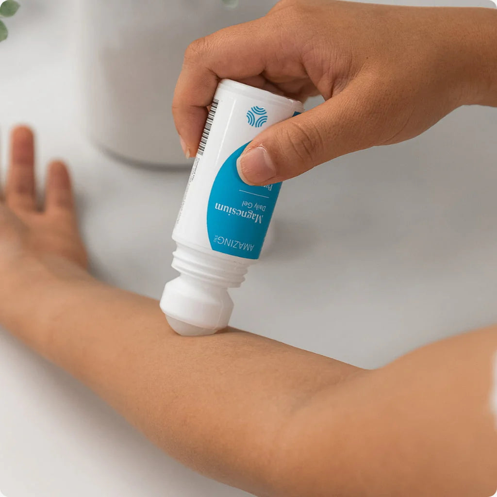 Hand applying a tube of Arnica cream to an arm on a white background. Our Daily Magnesium Gel is a simple and effective way to raise your magnesium levels without the need for pills. It's compact size makes it perfect for applications on-the-go or while travelling. Amazing Oils Australian stockist. Geelong based. Shop now!