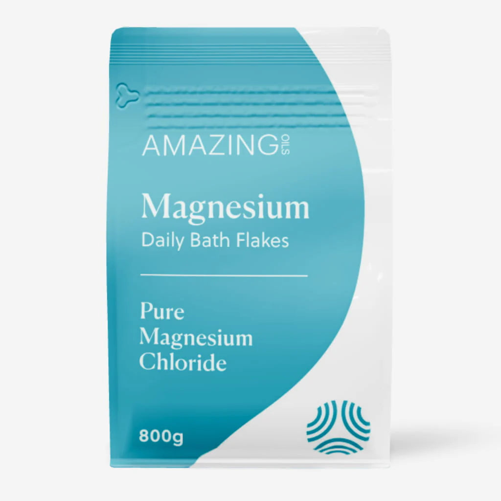 Package of Amazing Magnesium Daily Bath Flakes on a white background. Pure magnesium flakes for bath or foot soaks—ideal for soothing muscles, stress balance, and natural detox without additives. Amazing Oils Australian stockist. Shop now!