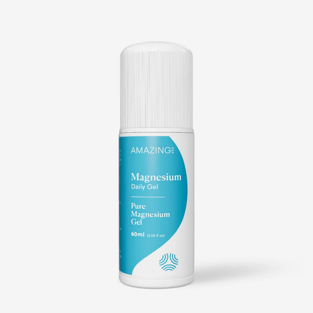 Bottle of Amazing Magnesium Daily Gel on a white background. Our Daily Magnesium Gel is a simple and effective way to raise your magnesium levels without the need for pills. It's compact size makes it perfect for applications on-the-go or while travelling. Amazing Oils Australian stockist. Geelong based. Shop now!