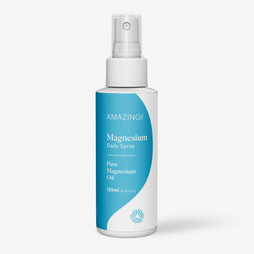 Bottle of Amazing Magnesium Daily Spray on a white background. Fast-absorbing magnesium spray for energy, muscle cramp relief, stress support, and better sleep with no pills. Amazing Oils Australian stockist. Geelong based. Shop now!