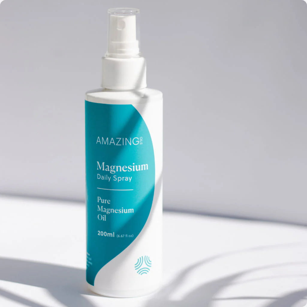 Bottle of Amazing Magnesium Daily Spray on a light background. Fast-absorbing magnesium spray for energy, muscle cramp relief, stress support, and better sleep with no pills. Amazing Oils Australian stockist. Geelong based. Shop now!