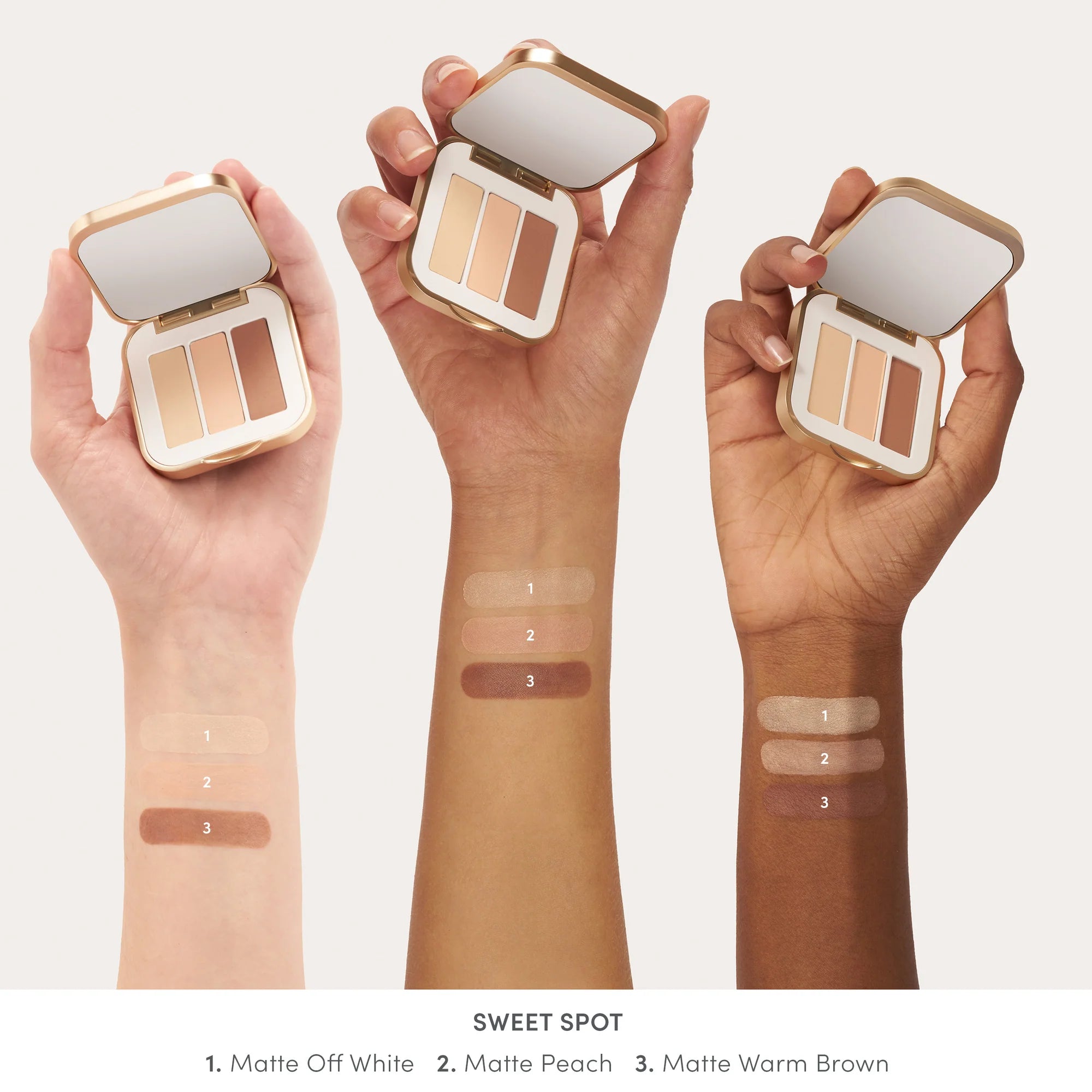 Jane Iredale's PurePressed® Eye Shadow Triple shade Sweet Spot - matte off white, matte peach, matte warm brown swatch. Jane Iredale Australian Stockist. Shop Now. Shipping in Australia only. Free Shipping for orders $350+.