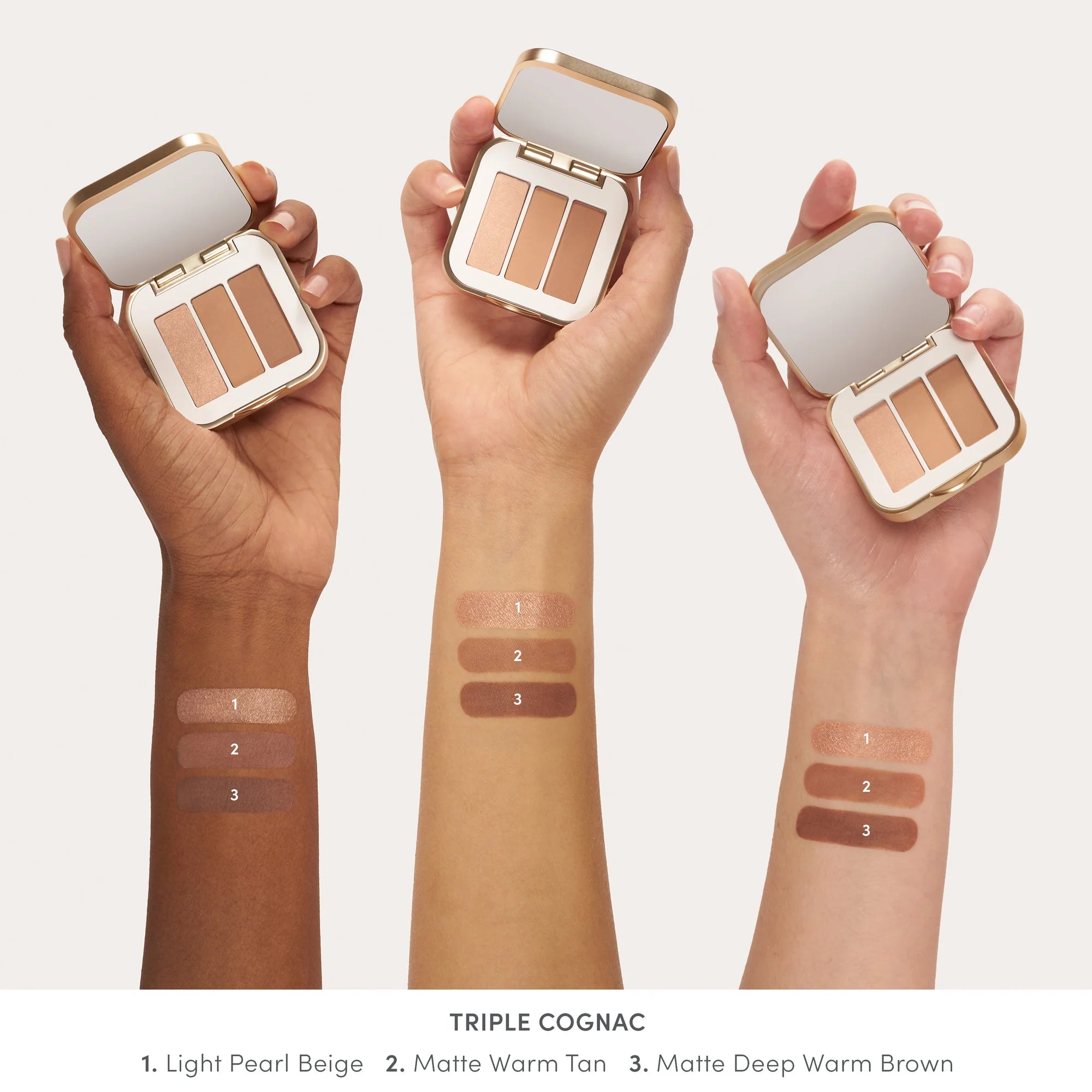 Jane Iredale's PurePressed® Eye Shadow Triple shade Triple Cognac - light pearl beige, matte warm tan, matte deep warm brown swatch. Jane Iredale Australian Stockist. Shop Now. Shipping in Australia only. Free Shipping for orders $350+.
