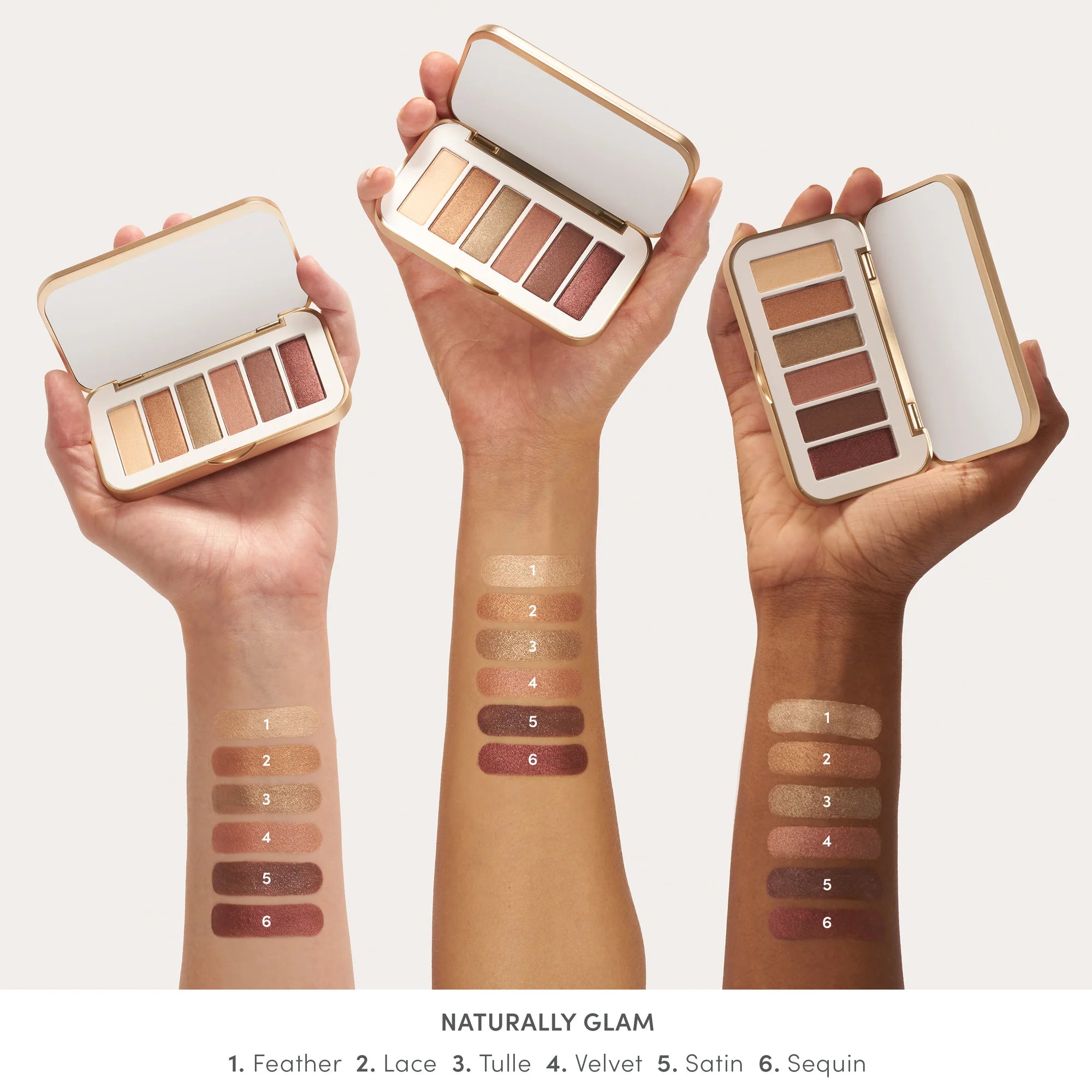Jane Iredale's PurePressed® Eye Shadow Palette - shade Naturally Glam - Feather, Lace, Tulle, Velvet, Satin, Sequin swatches. . Jane Iredale Australian Stockist. Shop Now. Shipping in Australia only. Free Shipping for orders $350+.