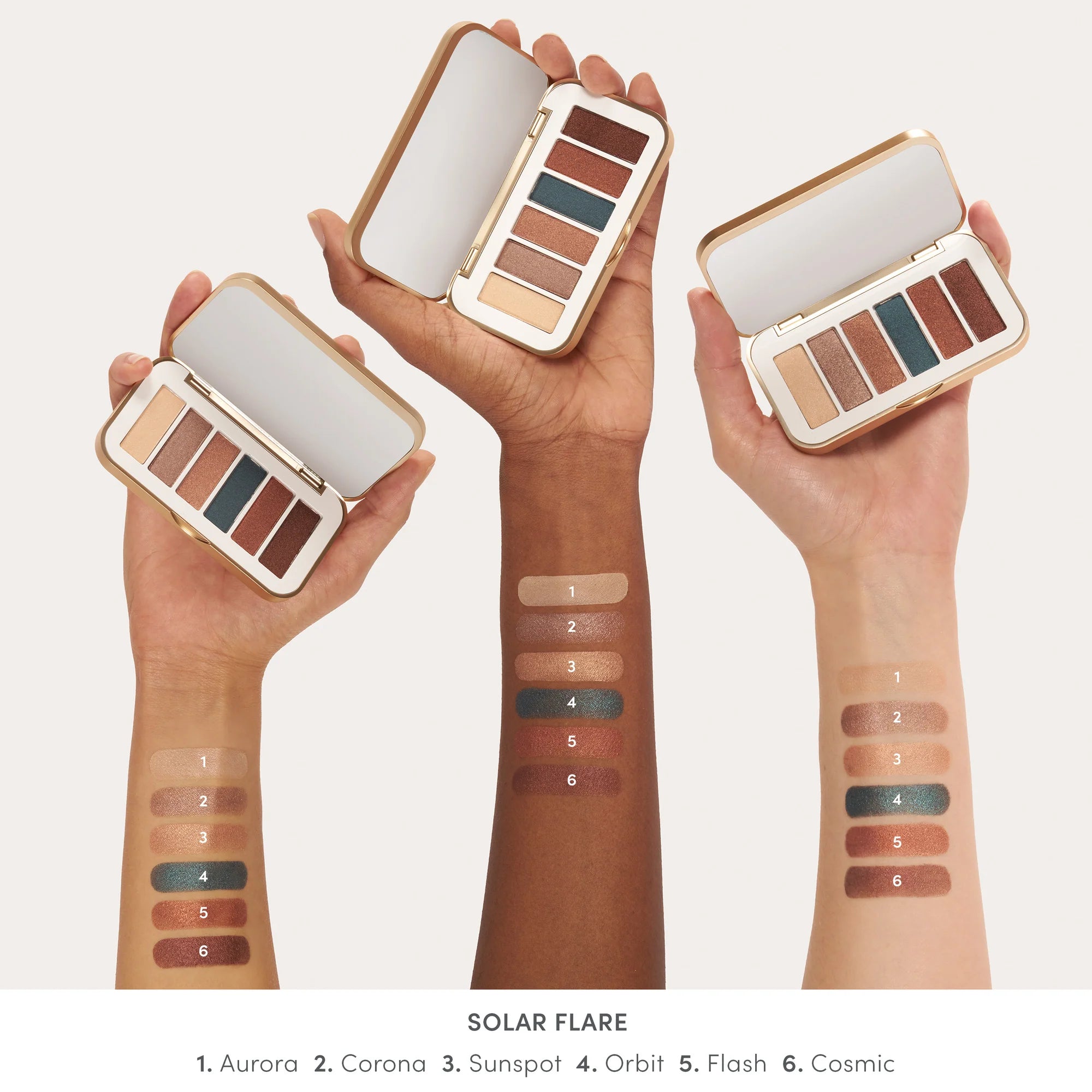 Jane Iredale's PurePressed® Eye Shadow Palette - shade Solar Flare - Aurora, Corona, Sunspot, Orbit, Flash, Cosmic swatches. . Jane Iredale Australian Stockist. Shop Now. Shipping in Australia only. Free Shipping for orders $350+.