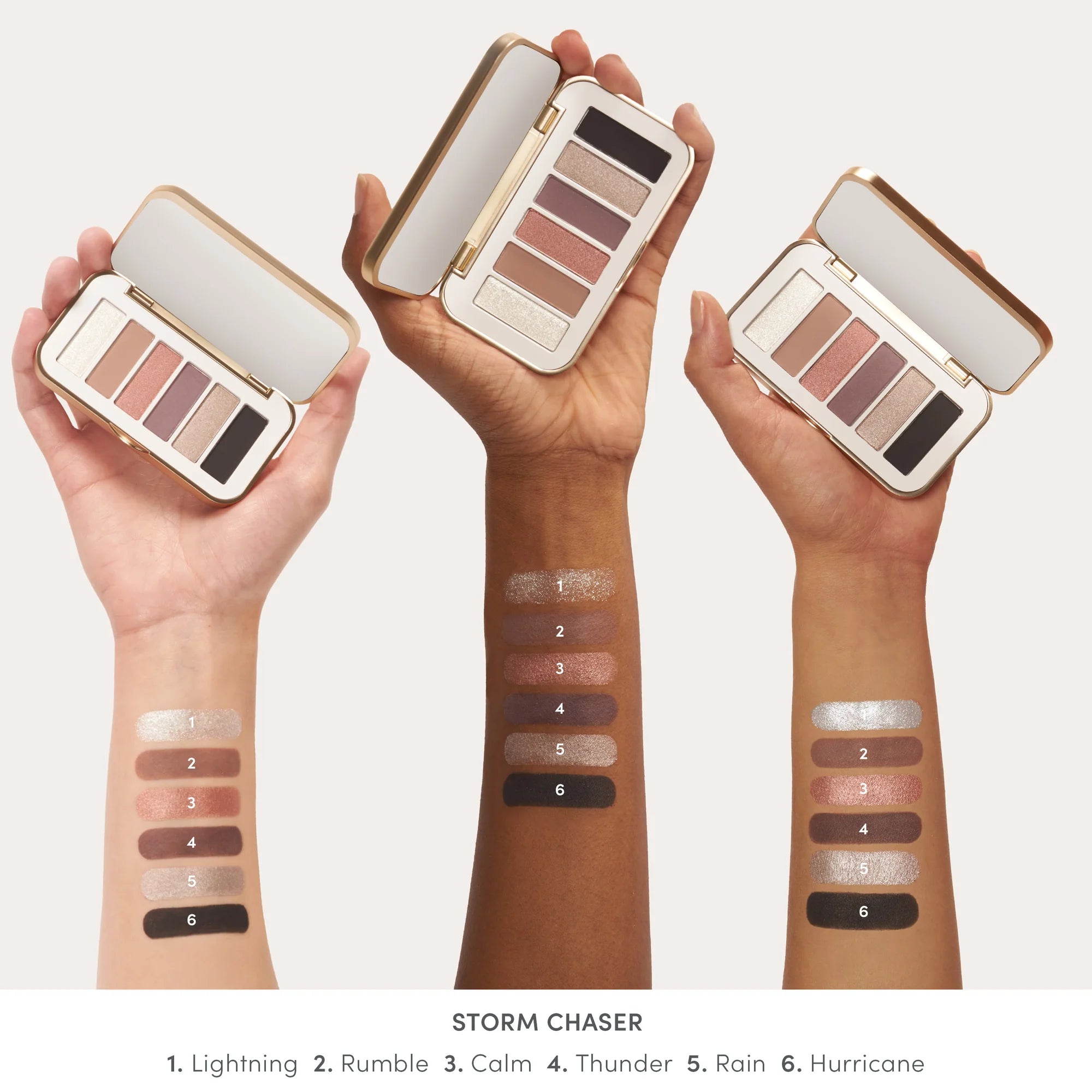 Jane Iredale's PurePressed® Eye Shadow Palette - shade Storm Chaser - Lightning, Rumble, Calm, Thunder, Rain, Hurricane swatches. Jane Iredale Australian Stockist. Shop Now. Shipping in Australia only. Free Shipping for orders $350+.
