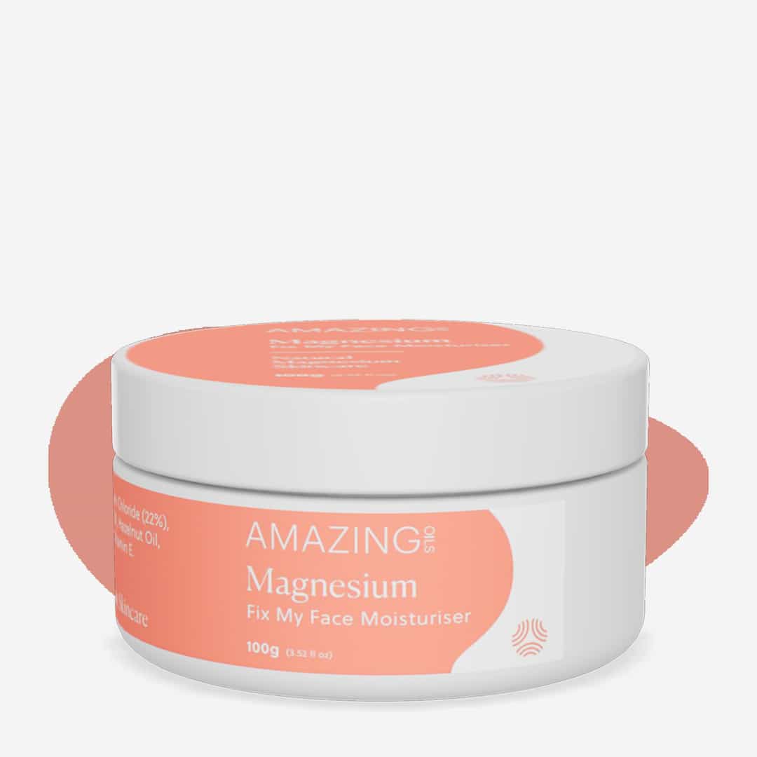 Jar of 'Amazing Magnesium Fix My Face Moisturiser' on a white background. This Face Moisturising Cream is rich in magnesium, shea butter, coconut oil and vitamin E. The organic formula helps to soften the appearance of fine lines caused by dryness by lightly exfoliating and detoxing your skin. Amazing You Australian stockist. Shipping only in Australia. Geelong based.