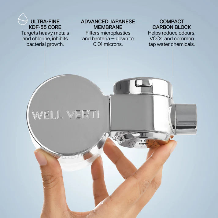 Hand holding a water filter with features highlighted. Ensure your water stays pure with the HaloDrop™ Tap Filter Refill. Quick-change cartridge designed to maintain elite filtration for skin and hair wellness. Monecious is a Well Verti Australian stockist. Shop now!