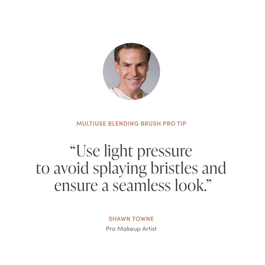 Pro makeup artist tip about using light pressure with a blending brush on a white background
