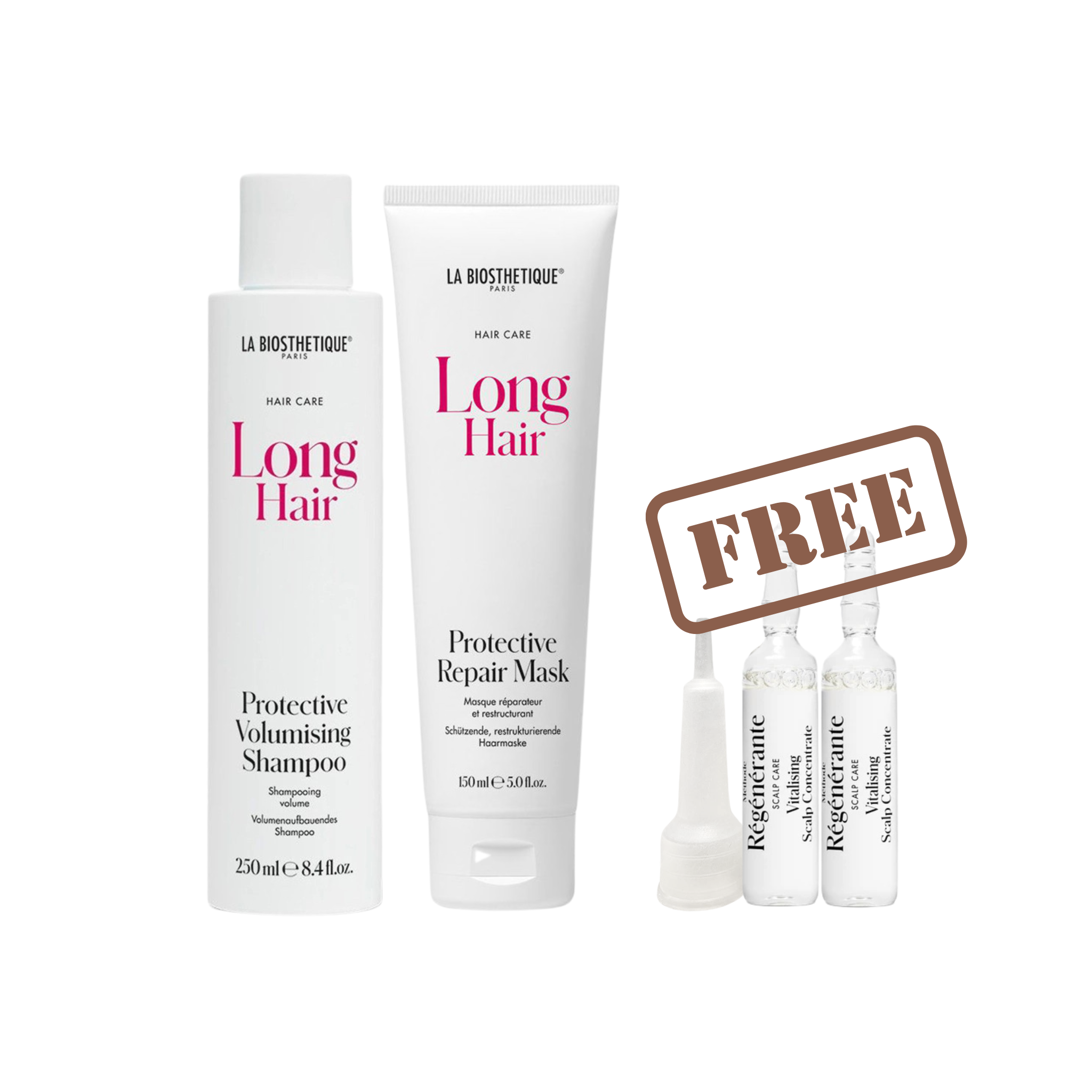 A La Biosthetique Long Hair pack including a Volumising Shampoo, a Repair Hair Mask, and a complimentary 2 ampoules of Vitalising Scalp Concentrate for free. Monecious is a Australian stockist for La Biosthetique. Shipping all over Australia.
