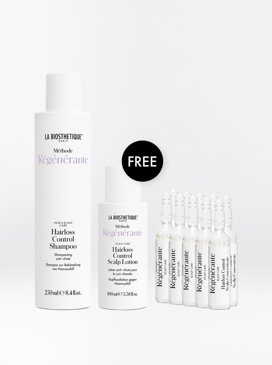 30,000 new hairs in 3 months! The ideal Hair Loss Control kit for healthy hair growth, this set nourishes the scalp and strengthens hair. Includes a free scalp lotion to boost growth. La Biosthetique Australian stockist. RRP $330. Shipping in Australia only.