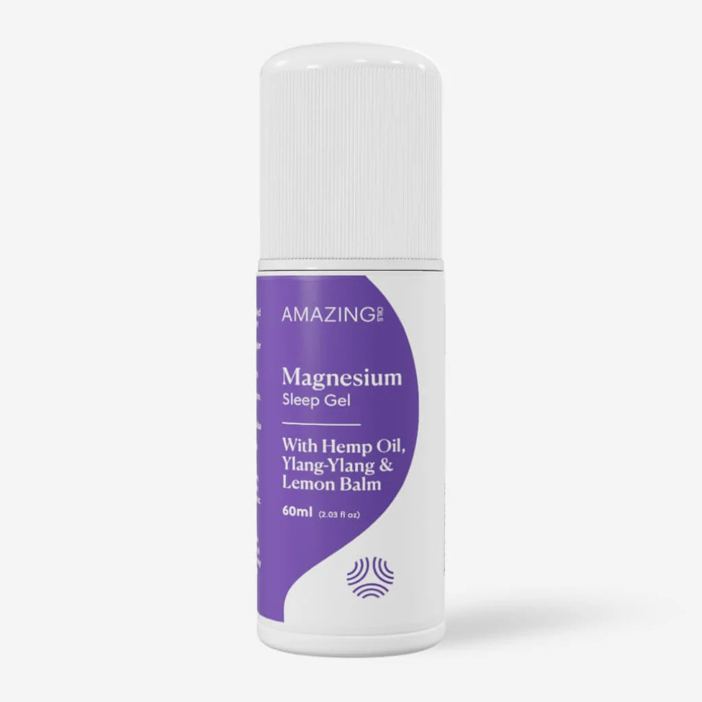 Bottle of Amazing Magnesium Sleep Gel with purple label on a white background. Magnesium sleep gel with calming botanicals to relax muscles, reduce stress, and support deep, restful sleep—fast-absorbing and non-greasy. Amazing Oils Australian stockist. Geelong based. Shop now!