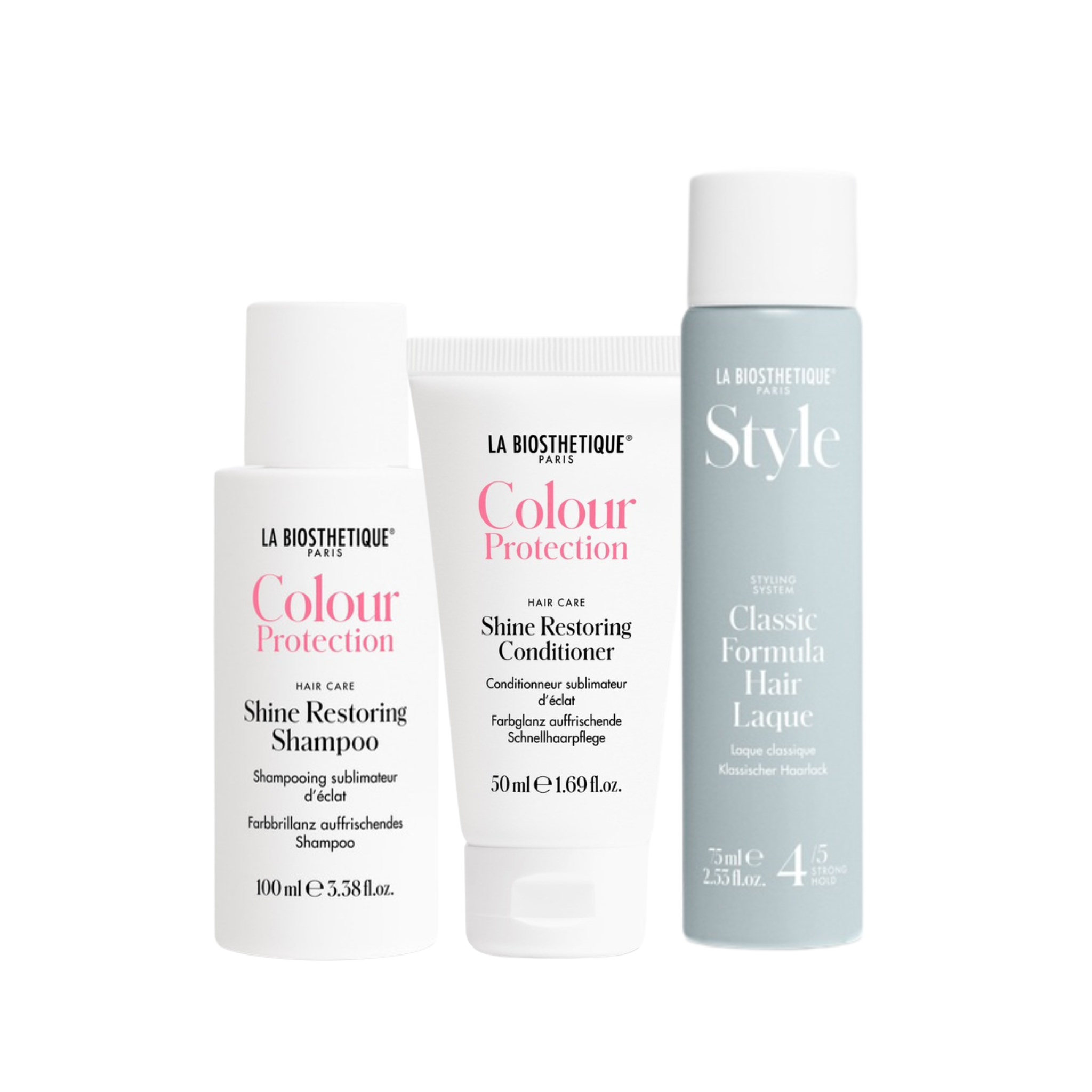 Three hair care products from La Biosthetique on a white background. Colour Protection - Shine Restoring Shampoo and Shine Restoring Conditioner. Style Classic Formula Hair Laque. Shop La Biosthetique products. Australia stockist. Shipping all over Australia. Free Shipping over $350.