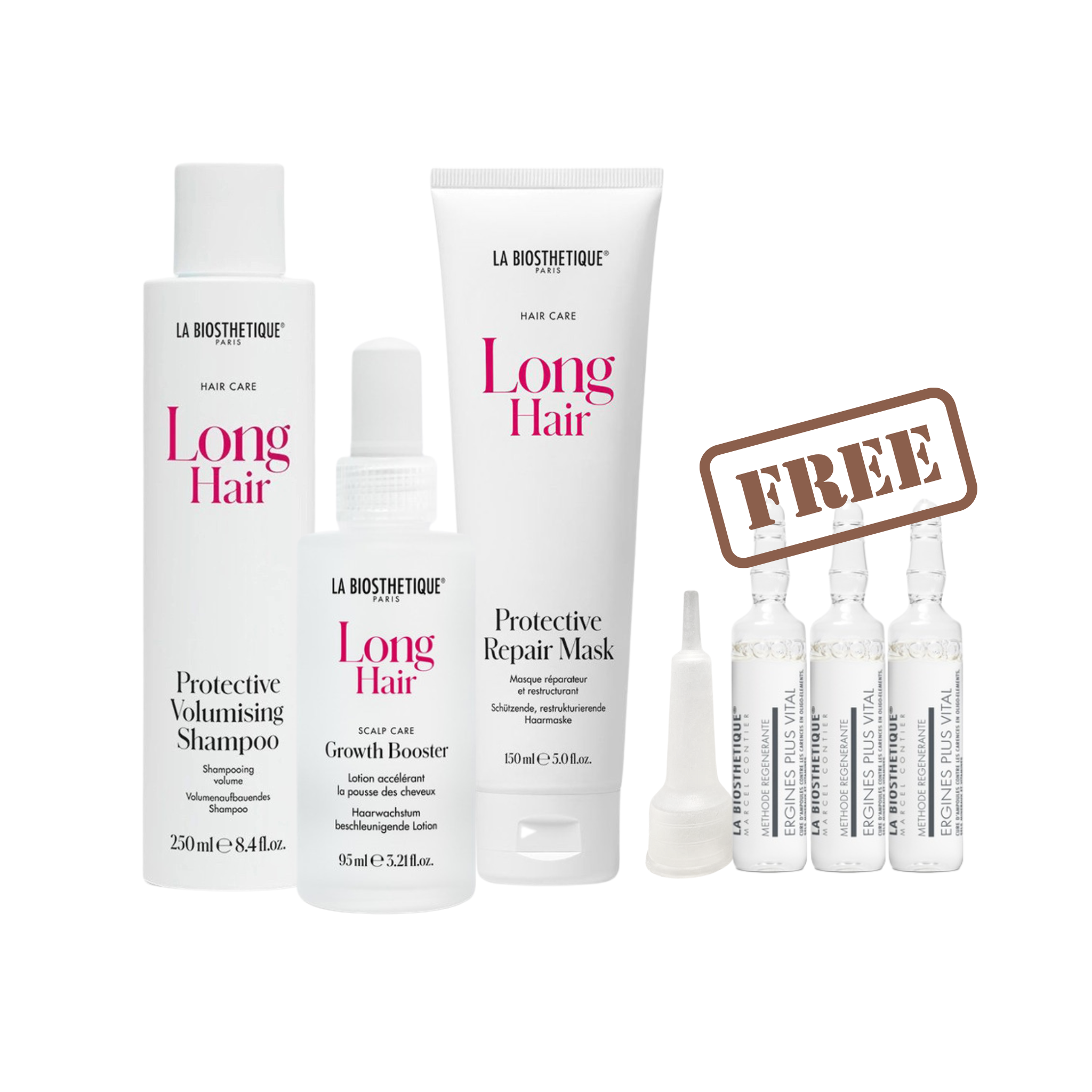 La Biosthetique hair care products including shampoo, mask, and growth booster with a free sample offer on a white background. La Biosthetique Australia stockist. Shipping all over Australia. Geelong based.