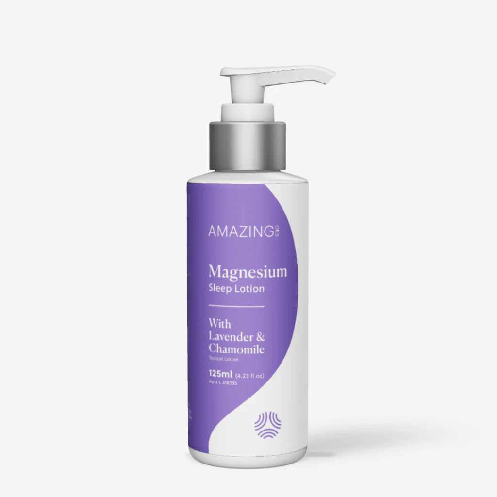 Bottle of magnesium sleep lotion with a purple label on a white background. Bedtime magnesium lotion with lavender and chamomile to support deep sleep, reduce stress, and calm the body—no melatonin needed. Amazing Oils Australian stockist. Geelong based. Shop now!
