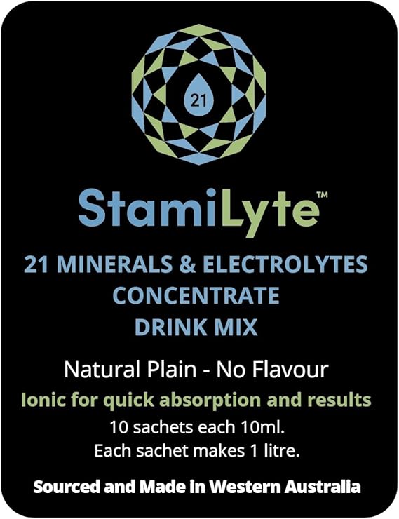 StamiLyte drink mix packaging with text and logo on a black background