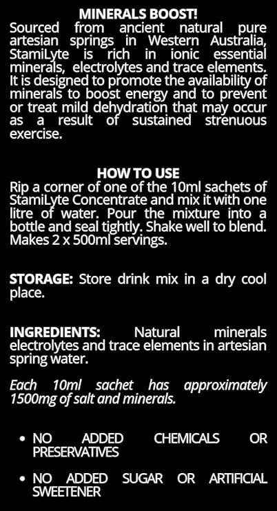 Instructions and information for StamiLyte mineral drink mix.