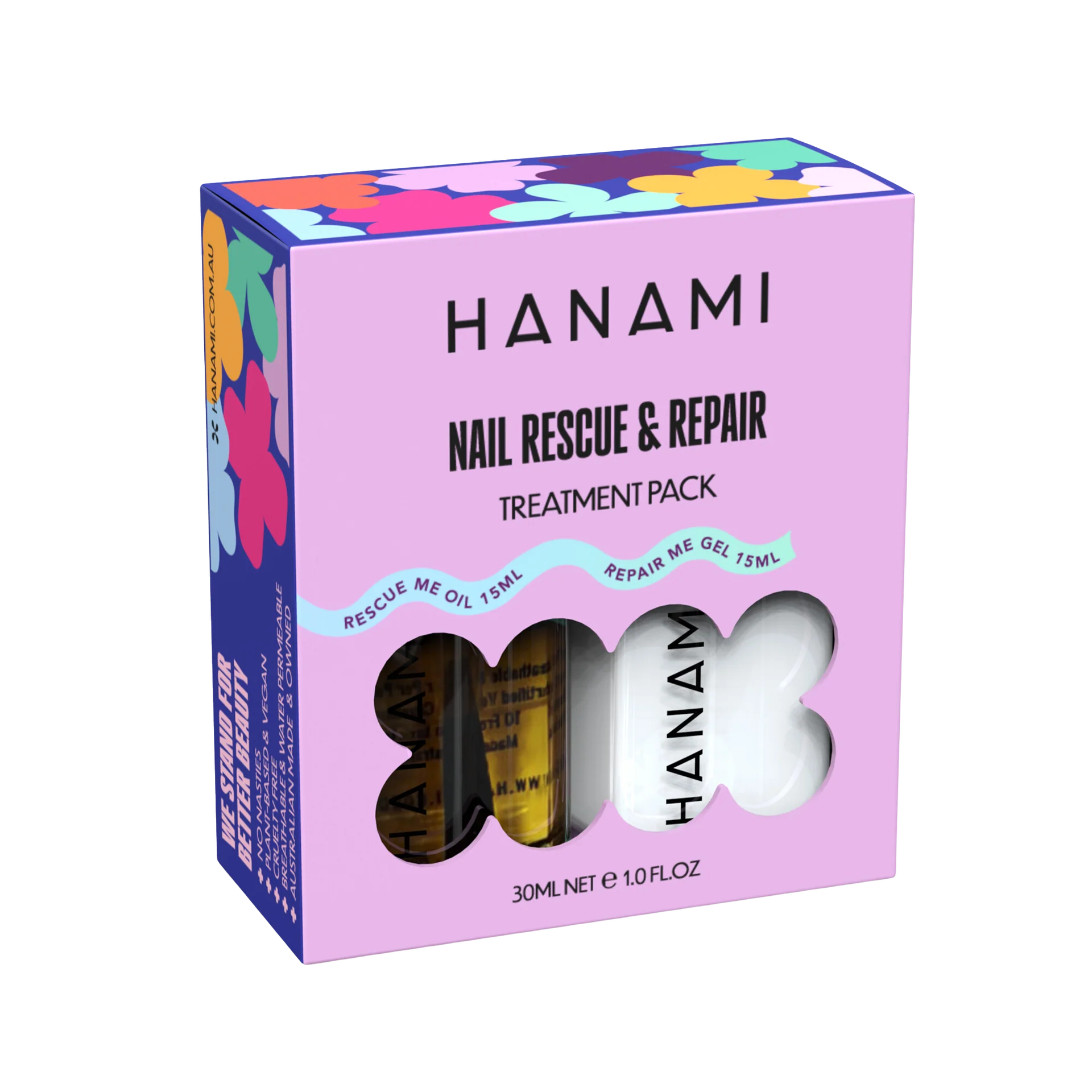 Hanami Nail Rescue and Repair Treatment Pack. Restore dry, damaged nails in 2 steps! Rescue Me Oil nourishes with celery seed extract, while Repair Me Gel strengthens with plant calcium & silica. Australian-made, non-toxic & cruelty-free. Hanami Australian stockist. Free Shipping for orders over 350. Shipping only in Australia Shop now!