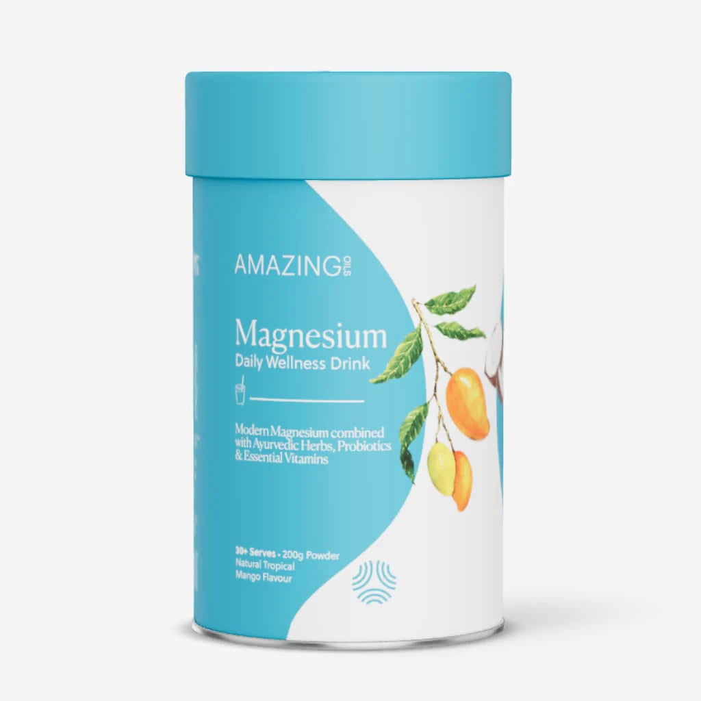 Canister of Amazing Magnesium Daily Wellness Drink on a white background. Tropical mango wellness drink with magnesium, probiotics, and adaptogens to support digestion, focus, energy, and immune health—naturally. Amazing Oils Australian stockist. Geelong based. Shop now!