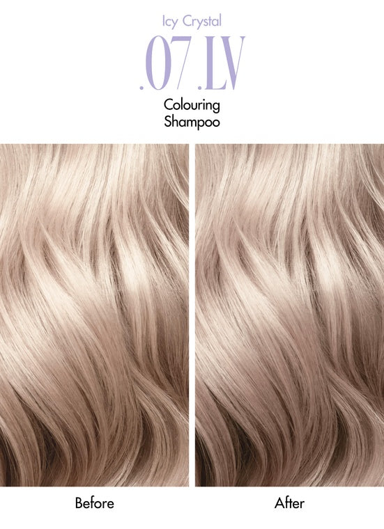 Comparison of hair colour before and after using Icy Crystal 07 LV Colouring Shampoo.
