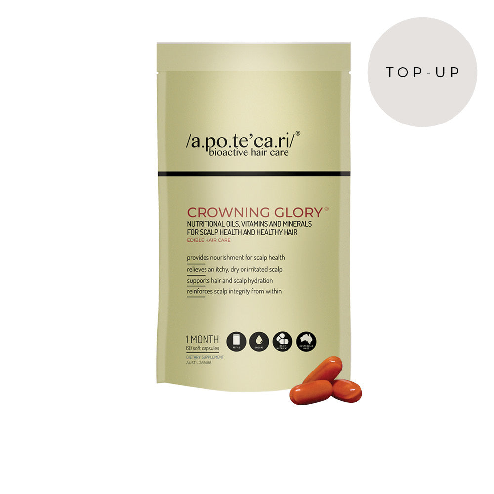 Apotecari's Crowning Glory® is an intensive scalp treatment that supports smoother, healthier hair, corrects oil imbalances, and deeply nourishes the scalp from within to reduce itchiness and flakiness.