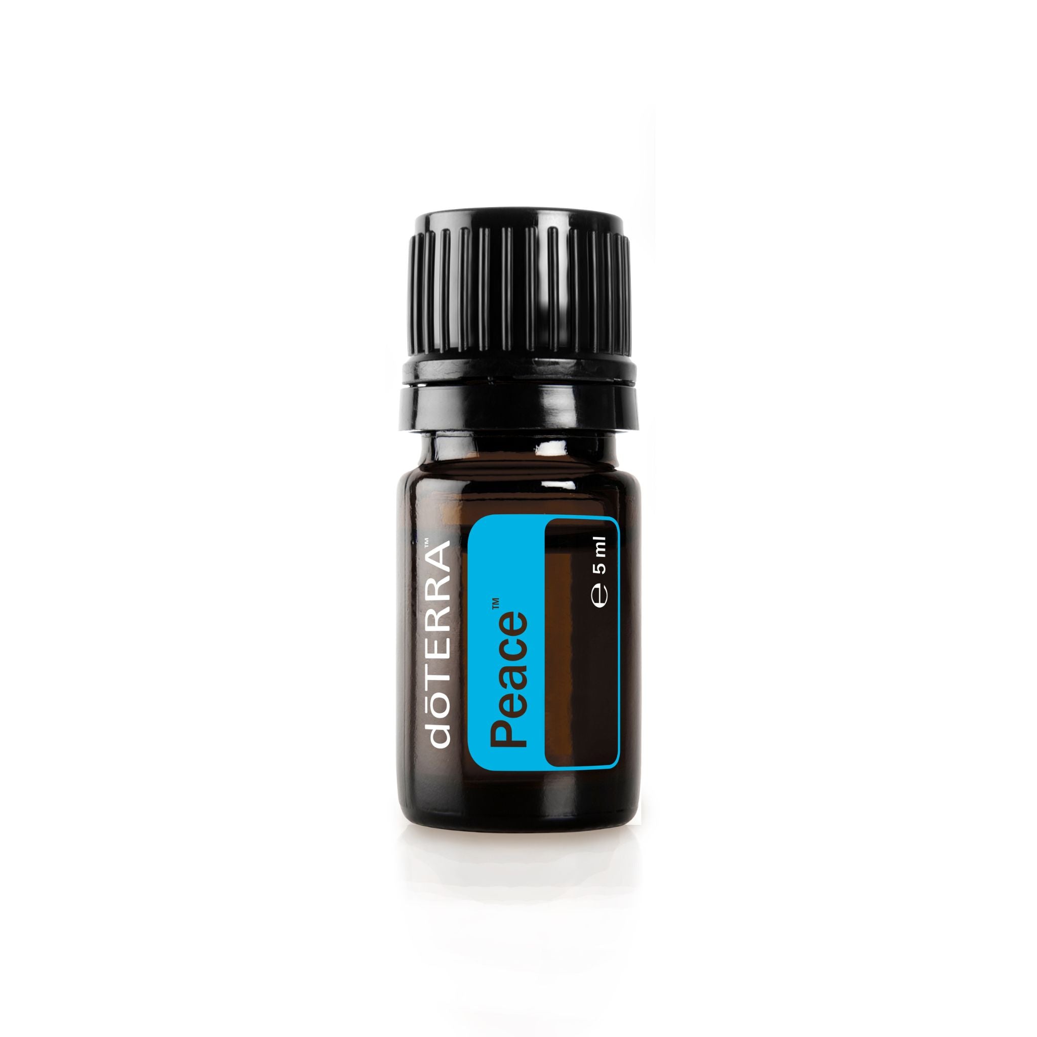 Peace Essential Oil has floral and mint aroma. Glass bottle, Cyan label, 5 ml