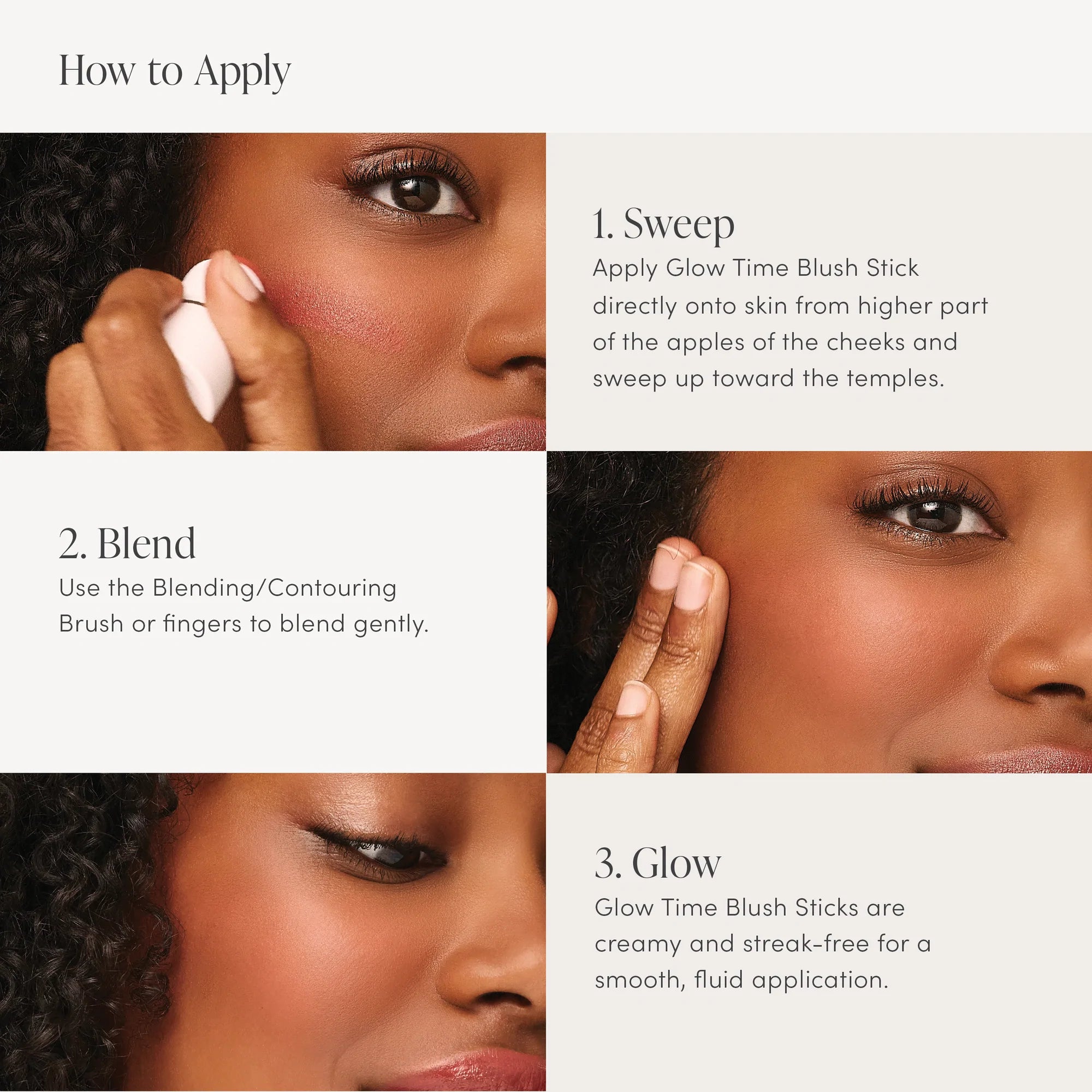 Jane Iredale Glow Time Blush Stick chart on how to apply. Shop Now. Shipping in Australia only. Free Shipping for orders $350+. Jane Iredale Australian Stockist.
