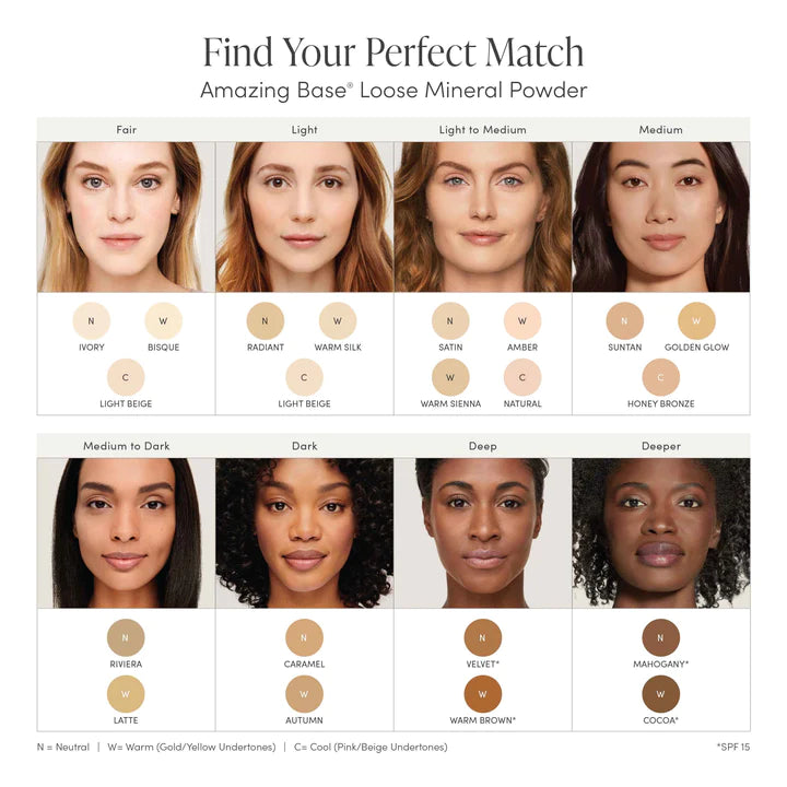 chart of different shade of Jane Iredale's Loose Powder and finding your match. Jane Iredale Australian stockist. Free Shipping for orders over $350. Shipping only in Australia. Shop now!