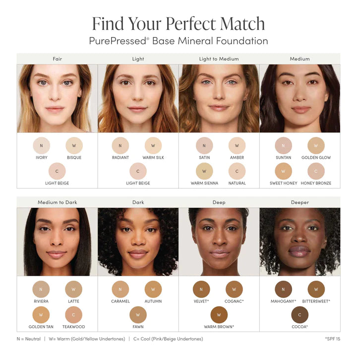 Jane Iredale's PurePressed® Base Mineral Foundation chart - Find your perfect match. Jane Iredale Australian stockist. Free Shipping for orders over $350. Shipping only in Australia. Shop now!
