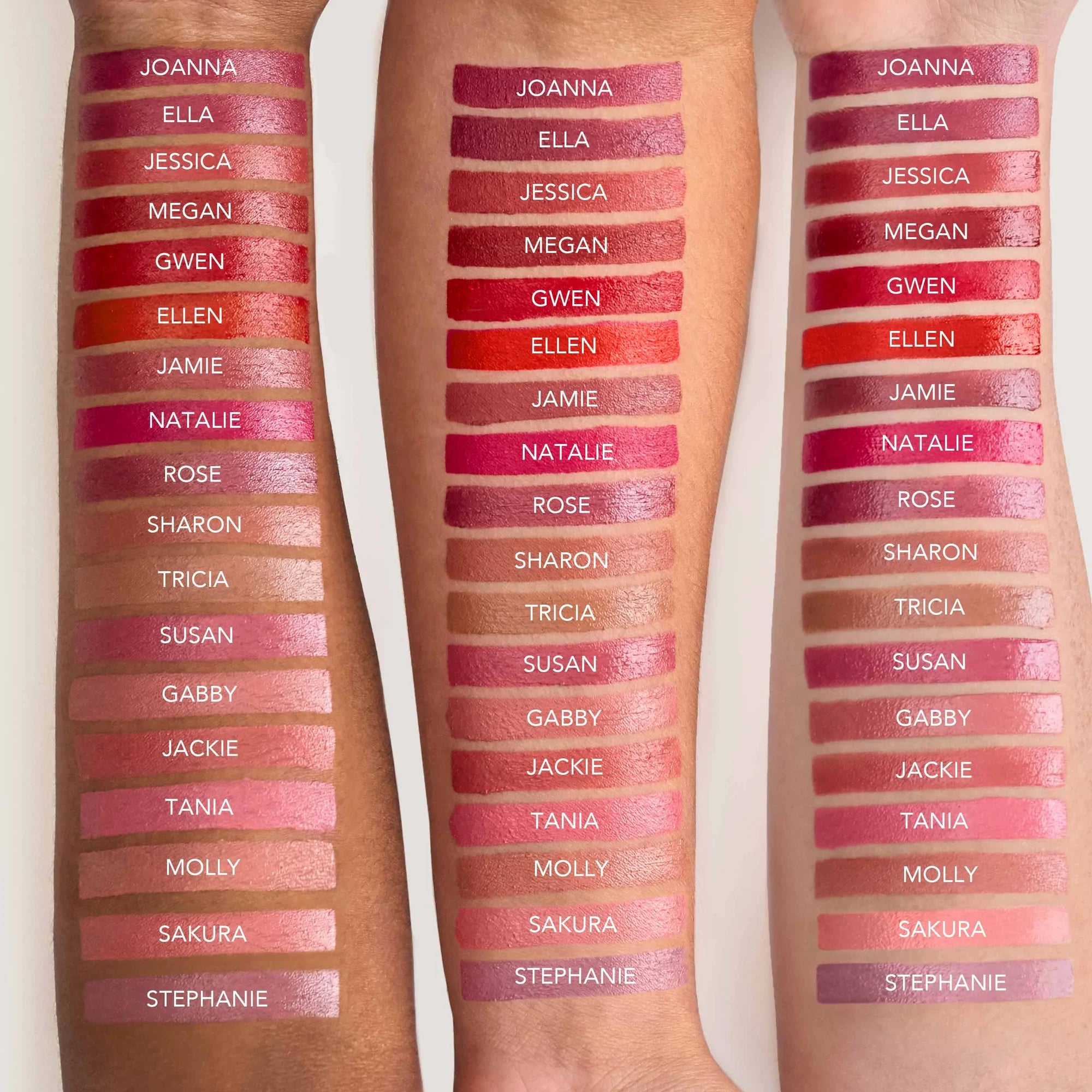 Triple Luxe™ Long Lasting Naturally Moist Lipstick swatches on different skin tones