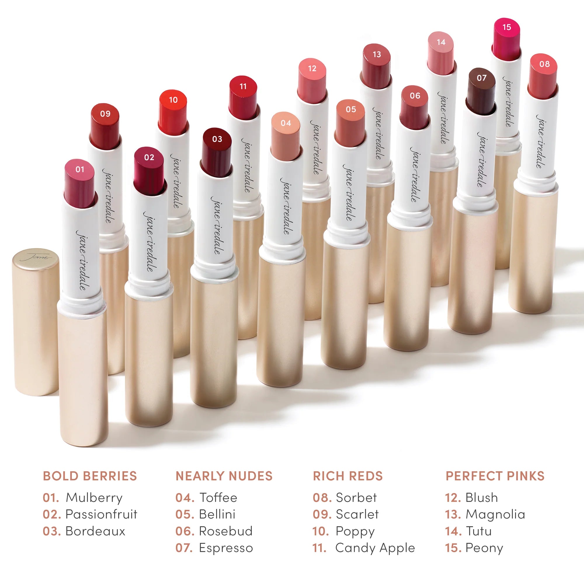 Jane Iredale's ColorLuxe Hydrating Cream Lipstick Shade Categories
