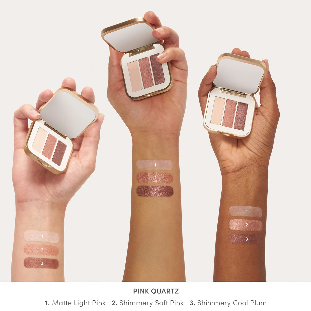 Swatches on different skin tones with Jane Iredale's PurePressed® Eye Shadow Triple shade swatch Pink Quartz - matte light pink, shimmery soft pink, shimmery cool plum. Jane Iredale Australian Stockist. Geelong based. Shop now.