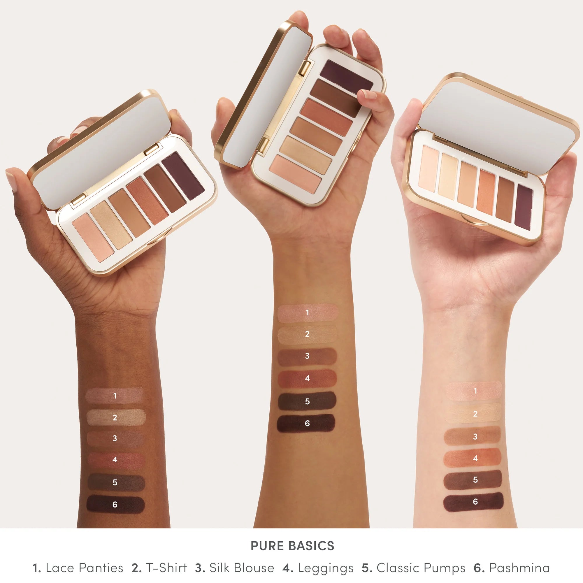 Jane Iredale's PurePressed® Eye Shadow Palette - shade Pure Basics - Lace Panties, T-Shirt, Silk Blouse, Leggings, Classic Pumps, Pashmina swatches