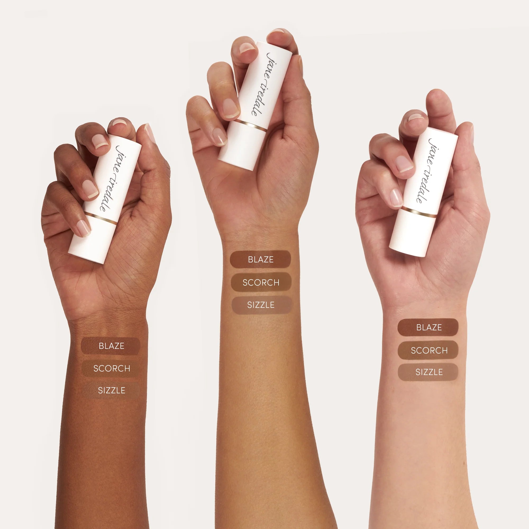 Jane Iredale's Glow Time™ Bronzer Stick swatches chart on different skin tone