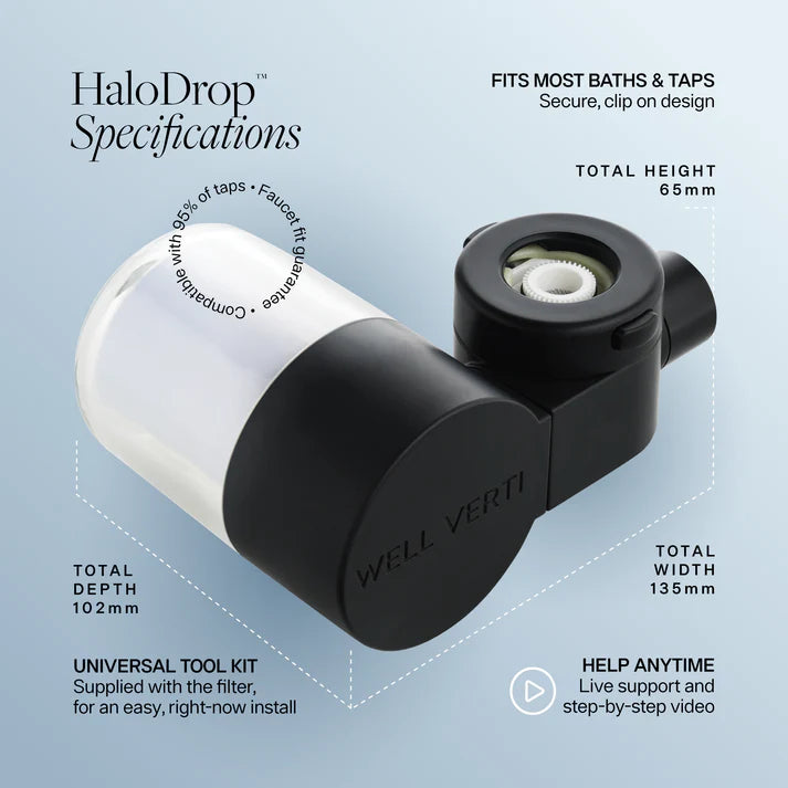 Technical specifications of a WELL VERTI product. Ensure your water stays pure with the HaloDrop™ Tap Filter Refill. Quick-change cartridge designed to maintain elite filtration for skin and hair wellness. Monecious is a Well Verti Australian stockist. Shop now!