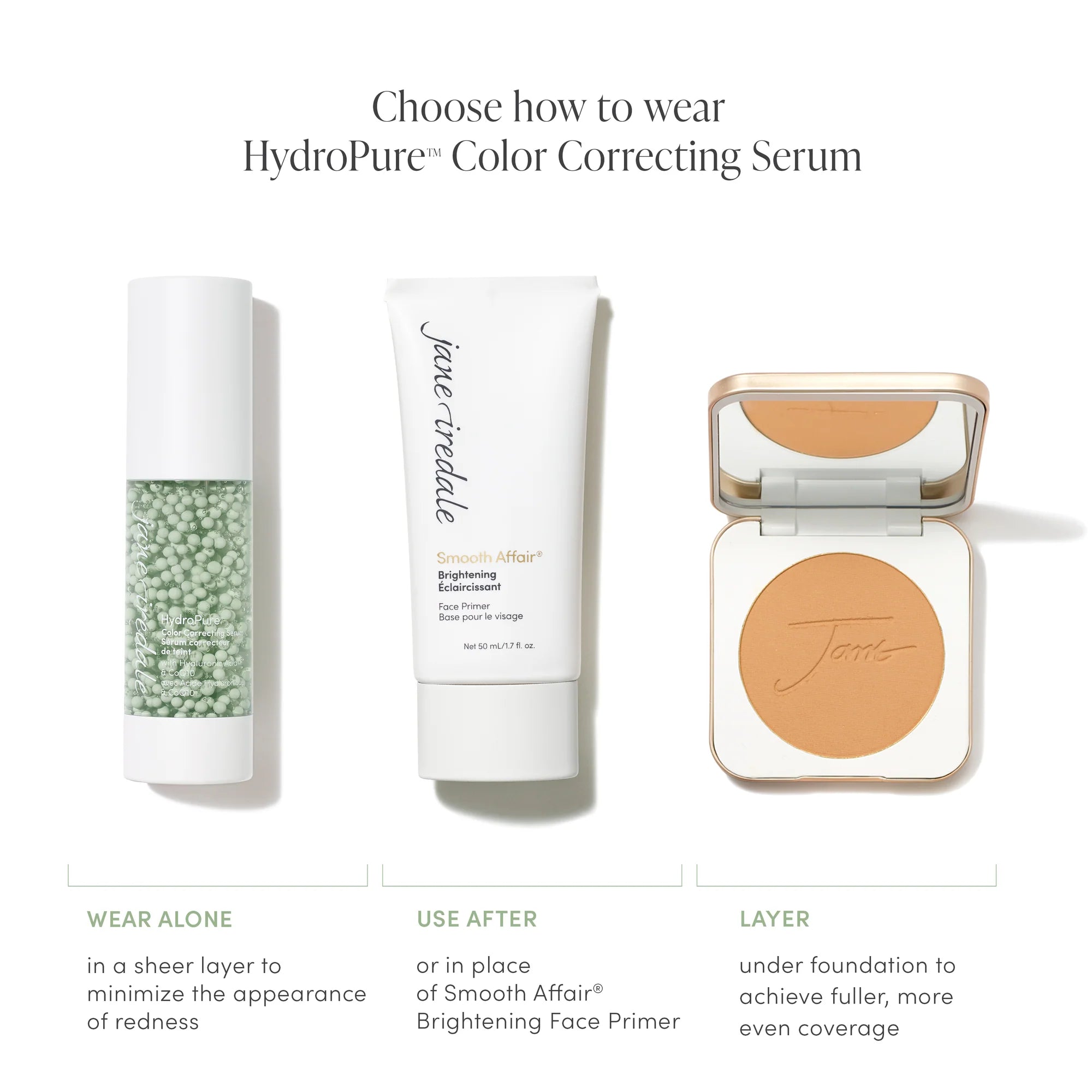 Jane Iredale's HydroPure™ Color Correcting Serum with Hyaluronic Acid & CoQ10 - how to wear the color correcting serum with Jane Iredale makeup or any brand of makeup