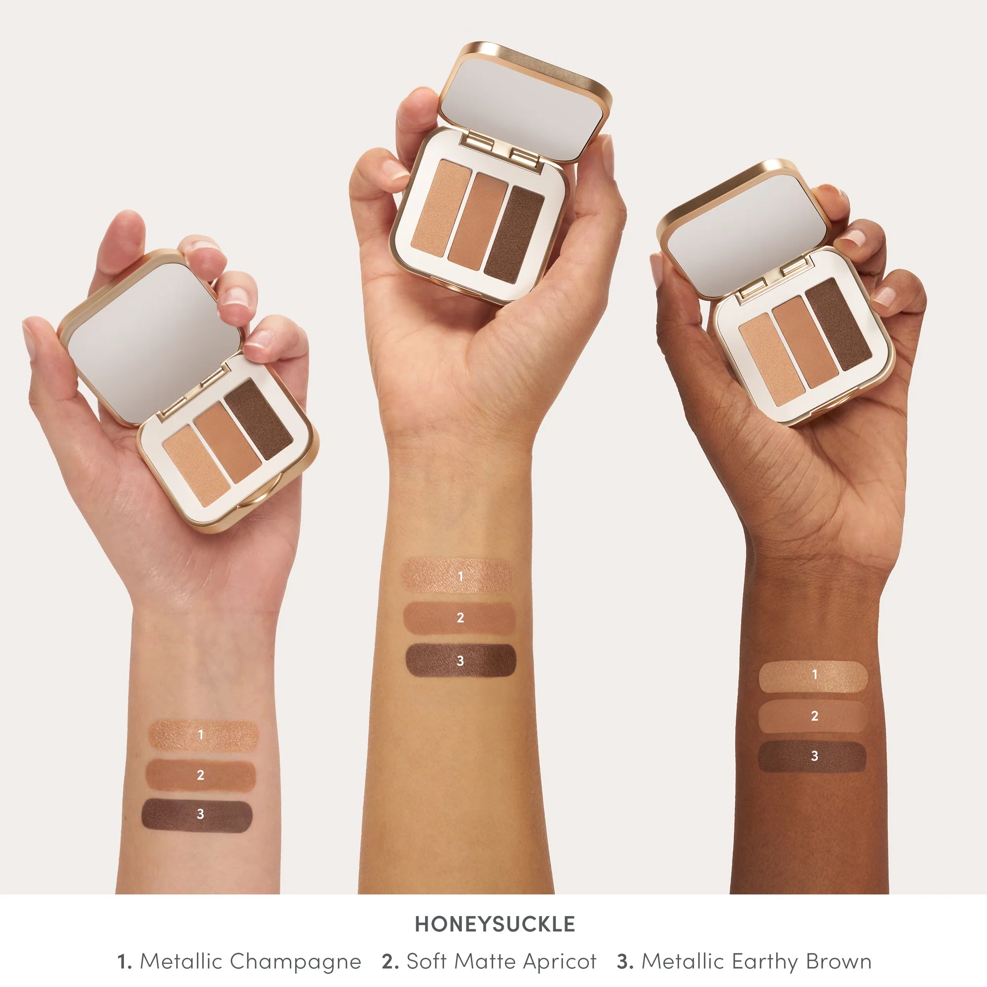 Swatches on different skin tones with Jane Iredale's PurePressed® Eye Shadow Triple shade Honeysuckle - metallic champagne, soft matte apricot, metallic earthy brown. Jane Iredale Australian Stockist. Geelong based. Shop now.