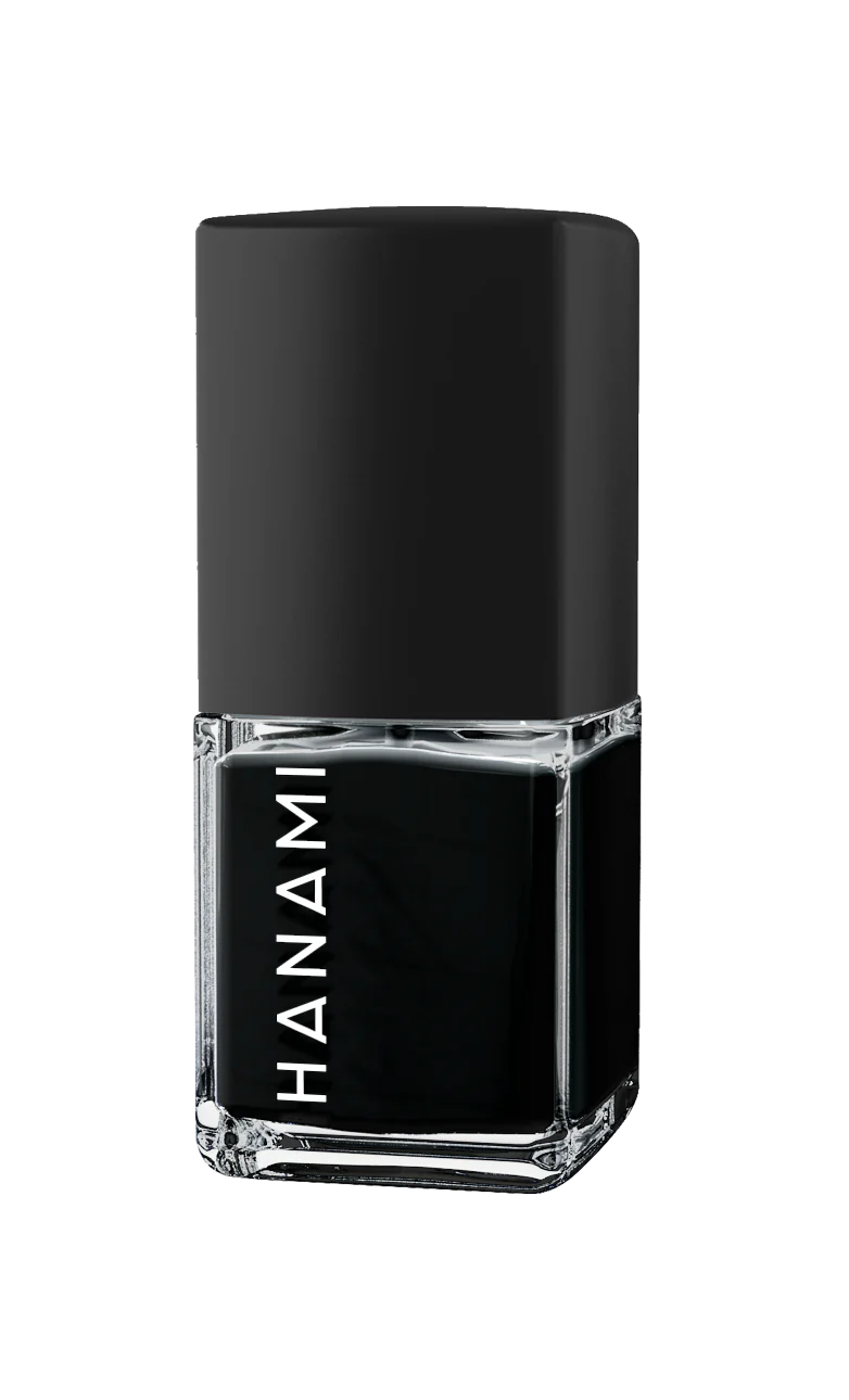 Hanami brand nail polish. Shade Date With The Night - Pure black. High-shine glossy nail polish for a fresh, salon-quality manicure. Smooth, vibrant finish in a variety of colors. Australian-made and cruelty-free. Free shipping on orders over $350. Hanami Australian stockist. Shop now!