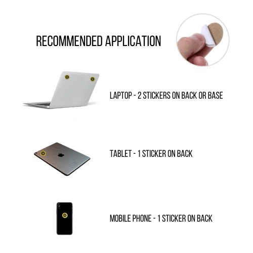 Instructions for applying stickers on laptops, tablets, and mobile phones with a close-up of a hand holding a sticker. EMF Protection Stickers utilise advanced multi-layered technology to harmonize and neutralize the radiation emitted by your daily devices. Monecious Hair Skin Health is an Australian stockist of A Better. Shipping all over Australia. Shop now!