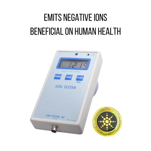Ion tester with digital display on a white background, featuring text about emitting negative ions beneficial to human health.