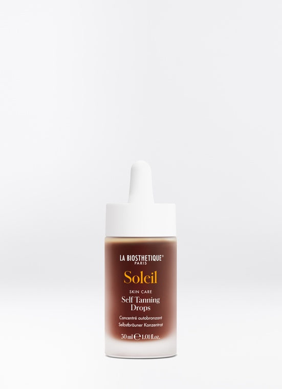 Bottle of La Biosthetique Soleil Self-Tanning Drops on a white background. The extremely easy-to-use tanning product that gives the face, neck, and décolleté a natural, individual, and completely safe tan just the way you want it. La Biosthetique Australian stockist. Geelong based. Shop now!