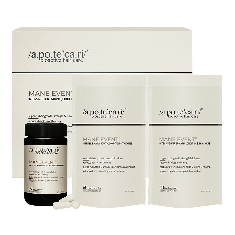 Apotecari Mane Event offers a supercharged boost for your hair - 180 hard capsules.