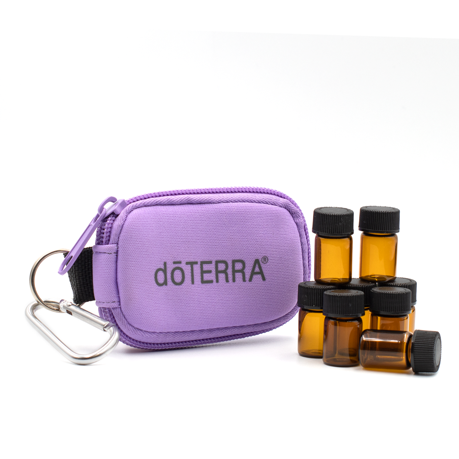 doTERRA branded key chain with eight, empty, amber 5/8 dram vials.