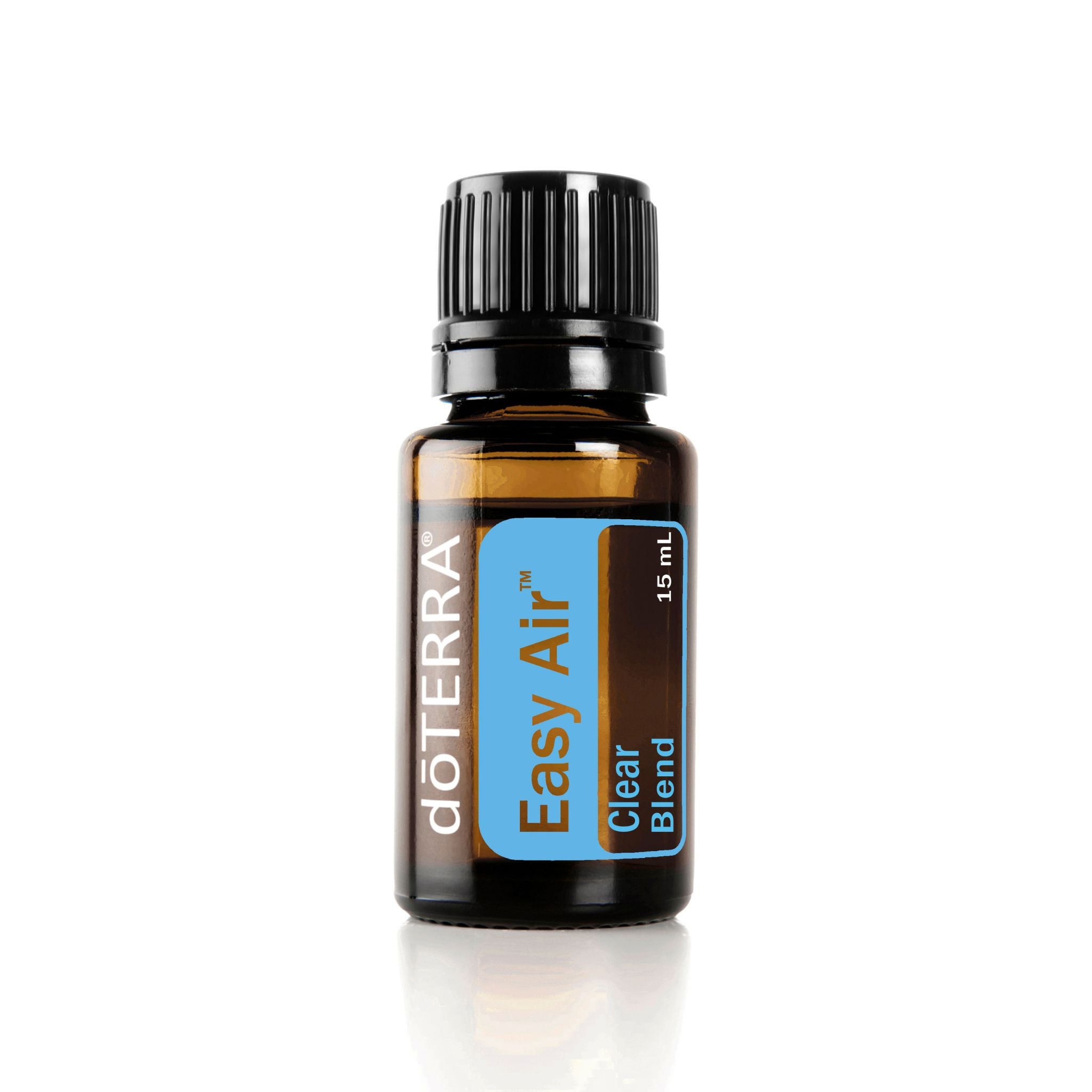 Easy Air essential oil has minty, fresh, calming aroma. Glass bottle, baby blue label, 15 ml