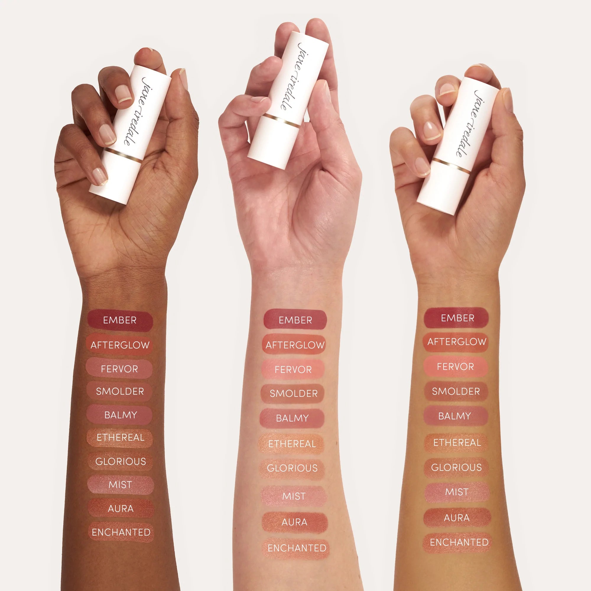 Jane Iredale Glow Time Blush Sticks shades chart in different skin tone.