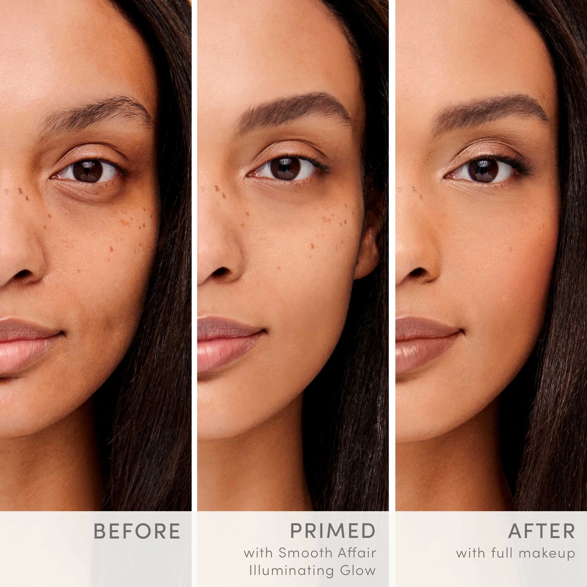 Smooth Affair® Illuminating Glow Face Primer before, primed and after shot